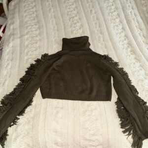 Fringe Sleeve Turtleneck Sweater - Olive